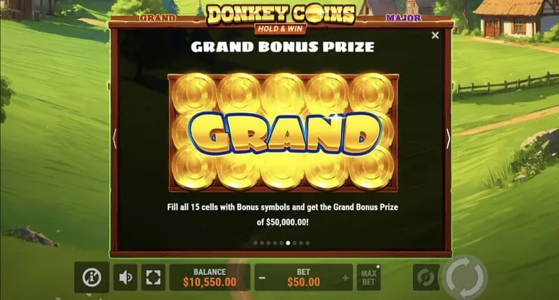 Donkey Coins Hold & Win - scáileán le Jackpots Mini, Minor, Major, Grand